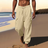 Herren nan luftige Leinen-Mix Strandhose mit Cargo-Taschen und elastischem Saum Drune in Apricot
