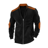 Herren nan Stehkragen-Sweatjacke mit feiner Rippstruktur, Ellbogen-Patches und kontrastierenden Schulterdetails Drune in Schwarz