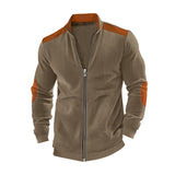 Herren nan Stehkragen-Sweatjacke mit feiner Rippstruktur, Ellbogen-Patches und kontrastierenden Schulterdetails Drune in Braun