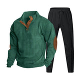 Herren nan strukturiertes Strick-Loungewear-Set mit halber Knopfleiste, kontrastreichen Ellbogenpatches und elastischem Tunnelzug-Jogger Drune in Apfelgrün mit schwarzer Hose