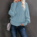 Damen nan Zopfmuster-Strickpullover mit Rollkragen und Ballonärmeln Drune in Blau