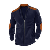 Herren nan Stehkragen-Sweatjacke mit feiner Rippstruktur, Ellbogen-Patches und kontrastierenden Schulterdetails Drune in Navyblau