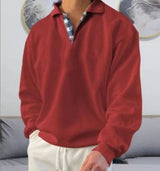 Herren nan legeres Langarm-Polo mit offenem V-Ausschnitt, Hemdkragen und Karo-Innenblende Drune in Rot