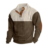 Herren nan strukturiertes Rugby-Pullover mit Stehkragen, Knopfleiste und Leder-Ellenbogenpatches Drune in Apricot + Braun