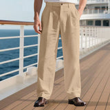 Herren nan elegante Leinenhose mit weitem Bein und Bundfalten Drune in Khaki