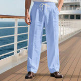 Herren nan elegante Leinenhose mit Bügelfalte Tunnelzugbund und weitem Bein Drune in Hellblau