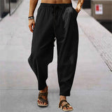 Herren nan entspannte Harem-Loungehose aus Leinenmix mit weitem Bein, elastischem Bund, Kordelzug und seitlichen Eingrifftaschen Drune in Schwarz