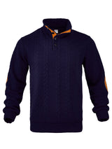 Herren nan Zopfmuster-Pullover mit Stehkragen, halber Knopfleiste und Ellbogenpatches Drune in Navyblau