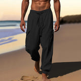 Herren nan luftige Leinen-Mix Strandhose mit Cargo-Taschen und elastischem Saum Drune in Schwarz