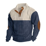 Herren nan rustikaler gerippter Pullover mit Henley-Kragen und lederartigen Ellbogenbesätzen Drune in Apricot+Blau