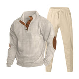 Herren nan strukturiertes Strick-Loungewear-Set mit halber Knopfleiste, kontrastreichen Ellbogenpatches und elastischem Tunnelzug-Jogger Drune in Apricot
