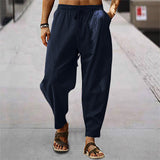 Herren nan entspannte Harem-Loungehose aus Leinenmix mit weitem Bein, elastischem Bund, Kordelzug und seitlichen Eingrifftaschen Drune in Navyblau