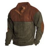 Herren nan rustikaler gerippter Pullover mit Henley-Kragen und lederartigen Ellbogenbesätzen Drune in Rot + Khaki