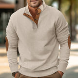 Herren nan strukturiertes Rugby-Pullover mit Stehkragen, Knopfleiste und Leder-Ellenbogenpatches Drune in Apricot