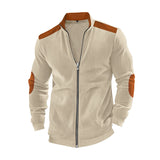 Herren nan Stehkragen-Sweatjacke mit feiner Rippstruktur, Ellbogen-Patches und kontrastierenden Schulterdetails Drune in Apricot