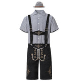 Herren nan traditionelle Trachtenlederhose mit bestickten Hosenträgern, kariertem Trachtenhemd und Filzhut Drune in 82353 Schwarz (Schwarzes Oberteil + Schwarze Latzhose + Graue Mütze)