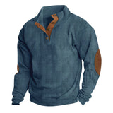 Herren nan rustikaler gerippter Pullover mit Henley-Kragen und lederartigen Ellbogenbesätzen Drune in Jeansblau