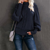Damen nan Zopfmuster-Strickpullover mit Rollkragen und Ballonärmeln Drune in Marineblau