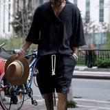 Herren nan lässiges Strick-Set mit V-Ausschnitt, Kurzarm-Oversize und Kordelshorts Drune in Navyblau