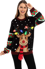 Damen nan weihnachtlicher Strickpullover mit Rentierapplikation integrierter Lichterkette und dreidimensionalem Nasenpompom Drune in Schwarz