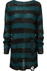Damen nan Oversized Grobstrickpullover mit breiten Blockstreifen und aufgerissenem Design Drune in Lang Schwarz-Jeansblau