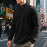 Herren nan leichtes Waffelstrick-Halbzip-Pullover mit Stehkragen und atmungsaktivem Baumwollmix Drune in Schwarz
