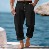 Herren nan lässige atmungsaktive Leinenhose mit Kordelzug Knopfleiste und aufgerollten Bündchen Drune in Schwarz