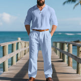 Herren nan elegante Leinenhose mit Bundfalten, geradem Bein und verdecktem Hakenverschluss Drune in Hellblau