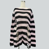 Damen nan Oversized Grobstrickpullover mit breiten Blockstreifen und aufgerissenem Design Drune in Schwarz-Pink (lang)