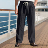 Herren nan elegante Leinenhose mit Bügelfalte Tunnelzugbund und weitem Bein Drune in Schwarz