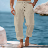 Herren nan lässige atmungsaktive Leinenhose mit Kordelzug Knopfleiste und aufgerollten Bündchen Drune in Khaki
