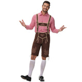 Herren nan traditionelle Trachtenlederhose mit Hosenträgern und Stickereien Drune in Rotes Oberteil + braune Hose