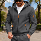 Herren nan Kapuzen-Sweatjacke mit durchgehendem Reißverschluss, mehreren Reißverschlusstaschen und Ärmel-Pocket Drune in Dunkelgrau