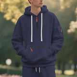 Herren nan technischer Freizeit-Hoodie mit kurzem mittigem Reißverschluss, Reißverschluss-Kängurutasche und Ärmeltasche Drune in Navyblau
