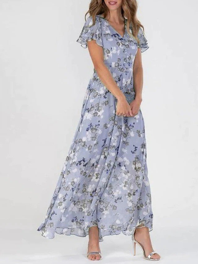 Damen Maxikleid Baumwolle Blumenmuster V-Ausschnitt Sommerlook