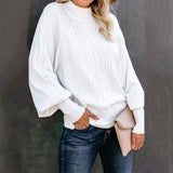 Damen nan Zopfmuster-Strickpullover mit Rollkragen und Ballonärmeln Drune in Weiß