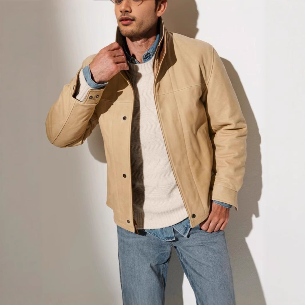 Herren elegante Lederjacke mit hochgezogenem Kragen Aliams