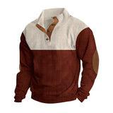 Herren nan rustikaler gerippter Pullover mit Henley-Kragen und lederartigen Ellbogenbesätzen Drune in Apricot + Rot