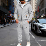 Herren nan sportliches Cargo-Jogging-Set mit Kapuzenjacke, durchgehendem Reißverschluss und funktionalen Mehrzwecktaschen Drune in Hellgrau