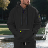 Herren nan technischer Freizeit-Hoodie mit kurzem mittigem Reißverschluss, Reißverschluss-Kängurutasche und Ärmeltasche Drune in Schwarz