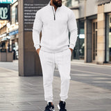 Herren nan Strick-Trainingsset mit halbem Reißverschluss, Zopfmuster-Pulli und Kordelzug-Jogger Drune in Weiß