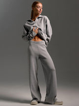 Damen Lounge Set mit Weitbein Hose und Polo Pullover in Grau