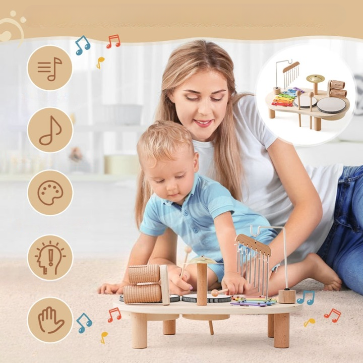 MelodyPlay Holzmusikspielzeug – All-in-One Pädagogisches Instrument für Kleinkinder mit Trommeln, Xylophon & Glocken