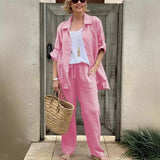 Yasmine™ Baumwoll-Leinen-Set mit Button-down-Hemd und verstellbaren Ärmeln in Rosa