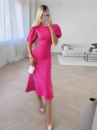 Moonflower - Solides Midikleid mit Puffärmeln