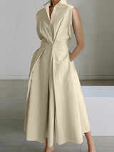 Gabrielle | Weißes Hemdkragen Urban Baumwollkleid in Beige