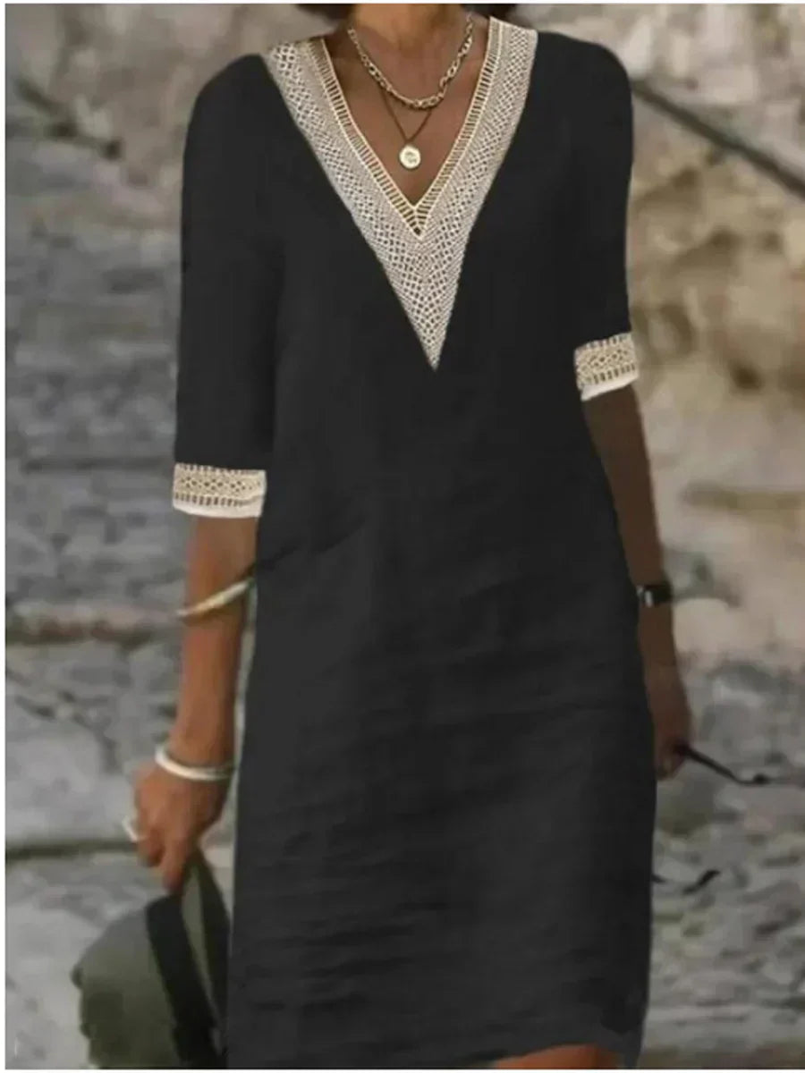 Avery - Elegantes V-Ausschnitt Kleid aus Baumwolle und Leinen in einfarbig