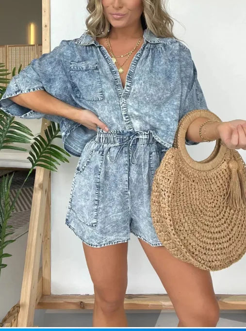 Ivalyn | Retro-inspiriertes Denim-Top und Hosen-Set