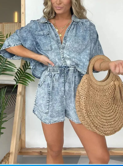 Ivalyn | Retro-inspiriertes Denim-Top und Hosen-Set