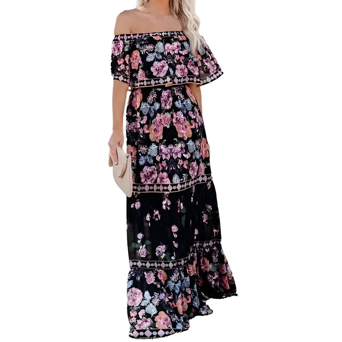 Agnes – Schulterfreies Maxikleid mit Volants